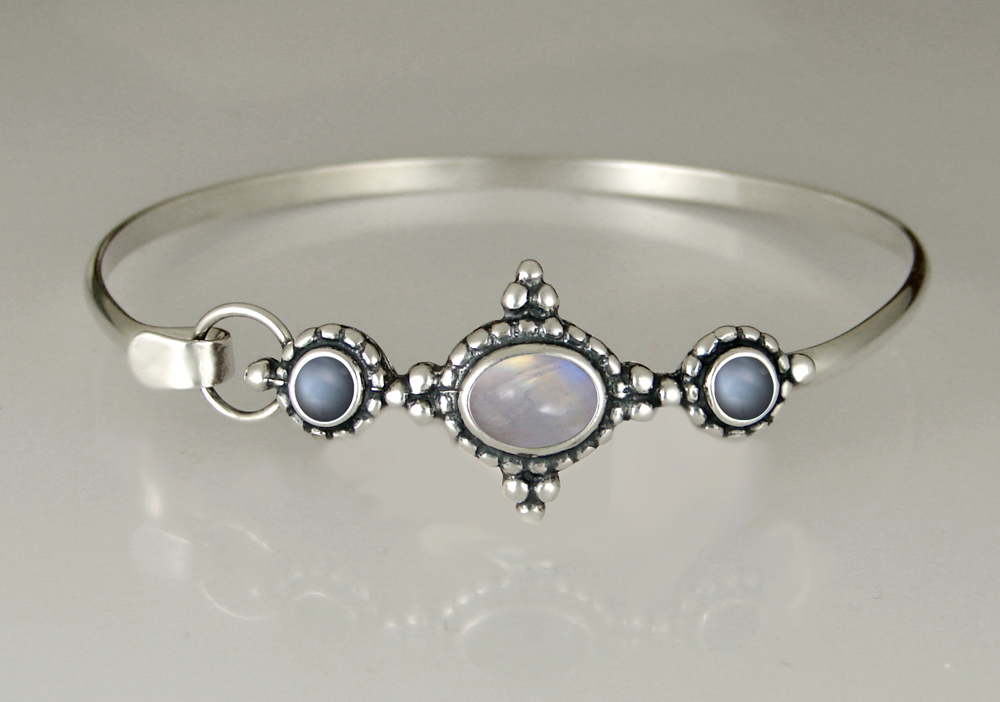 Sterling Silver Strap Latch Spring Hook Bangle Bracelet With Rainbow Moonstone And Grey Moonstone